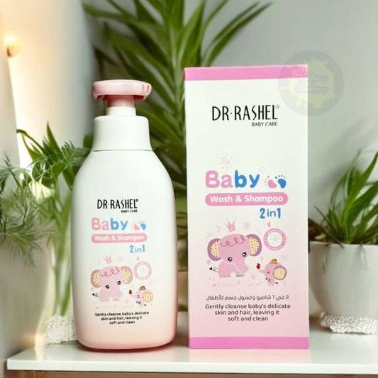 Dr Rashel 2-in-1 Baby Wash & Shampoo by CSSV FILE, showing a gentle baby shampoo and wash bottle with baby-themed design.