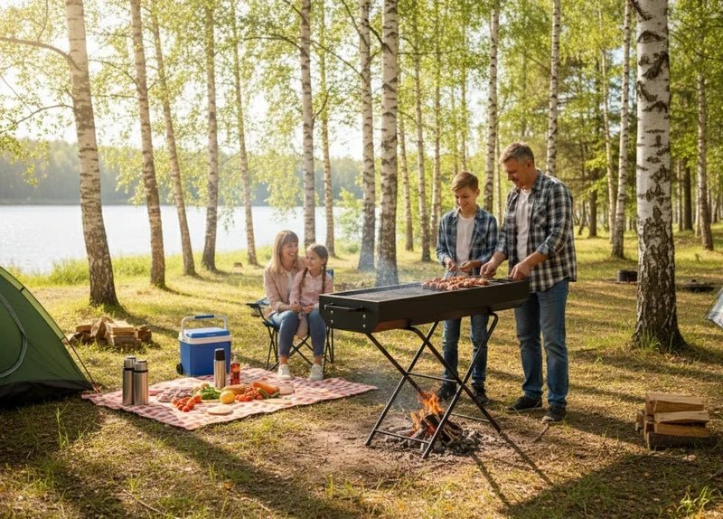 CSSV FILE foldable charcoal BBQ grill with compact, portable design and adjustable cooking surface for outdoor grilling.