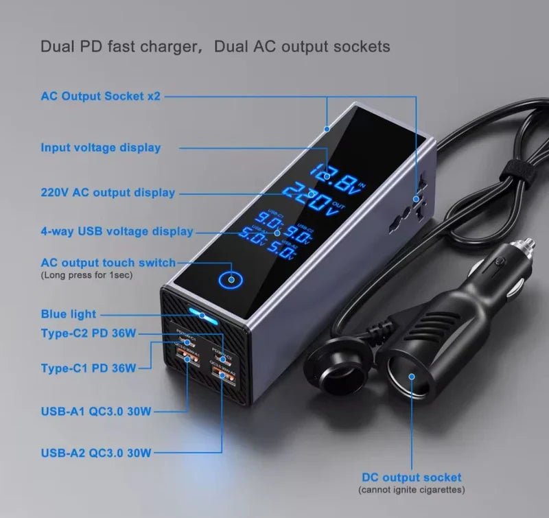 CSSV FILE socket car power inverter plugged into vehicle cigarette lighter socket, compact and portable for vehicle power needs.