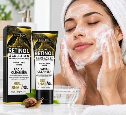 CSSV FILE Retinol Collagen Facial Cleanser in a pump bottle, showing the product label and creamy cleanser texture.