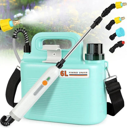 CSSV FILE 6L electric garden sprayer showing a handheld device with a spray nozzle and adjustable handle for garden watering.