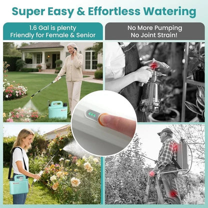 CSSV FILE 6L electric garden sprayer with a transparent tank, spray nozzle, and ergonomic handle for easy outdoor plant watering.