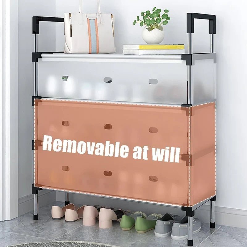 CSSV FILE multi-tier shoe organizer with four shelves for storing and organizing shoes efficiently in a closet or entryway.
