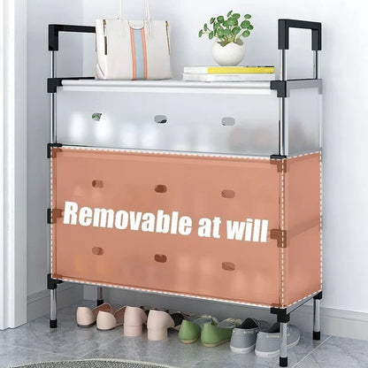 CSSV FILE multi-tier shoe organizer with four shelves for storing and organizing shoes efficiently in a closet or entryway.