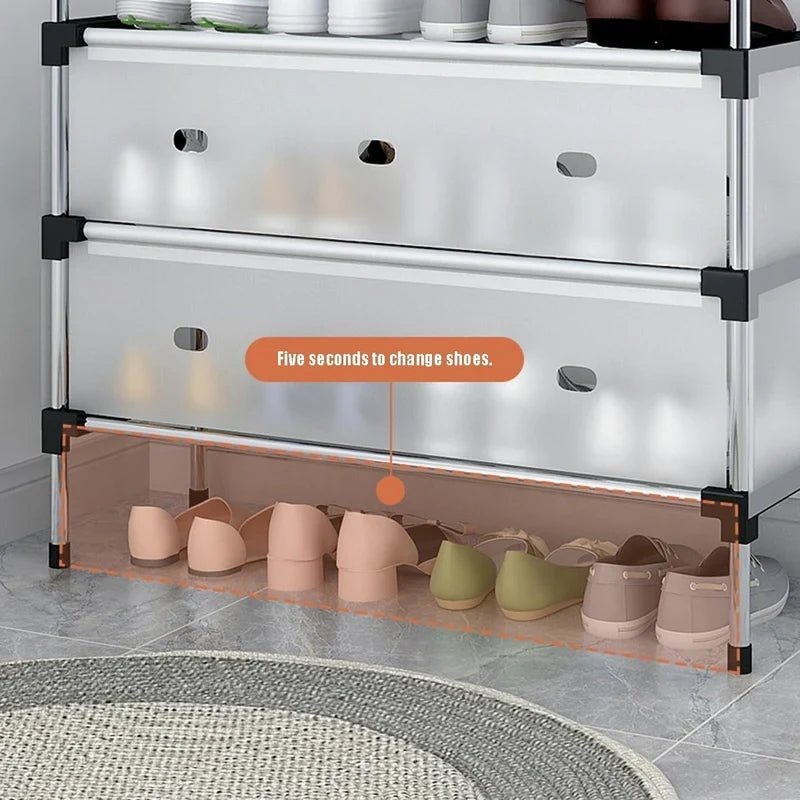 CSSV FILE multi-tier shoe organizer with multiple shelves for storing and organizing shoes efficiently.