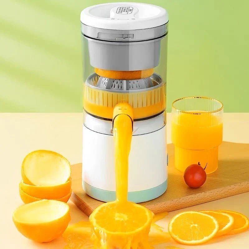 CSSV FILE Denx automatic fruit juicer extracting fresh juice from oranges and apples with stainless steel components.