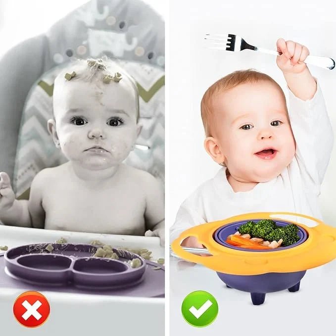 Baby spill-proof gyro bowl by CSSV FILE with colorful, rotating design and secure lid, perfect for preventing messes during feeding.