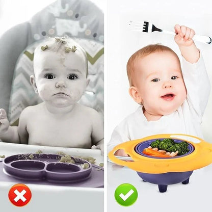 Baby spill-proof gyro bowl by CSSV FILE with colorful, rotating design and secure lid, perfect for preventing messes during feeding.