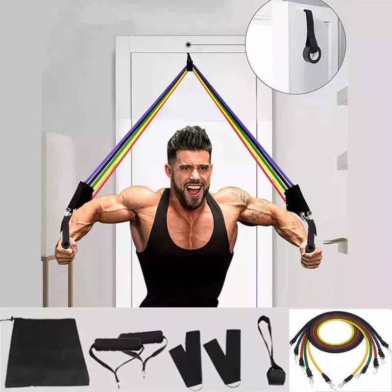Set of CSSV FILE bodybuilding resistance bands in various colors for strength training and muscle building exercises.