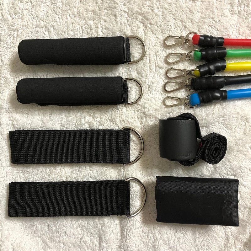 Set of CSSV FILE bodybuilding resistance bands with multiple colors and strengths for strength training and muscle toning.