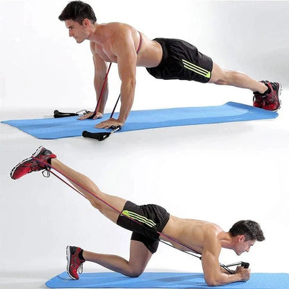 Set of CSSV FILE bodybuilding resistance bands in various colors for strength training and muscle building exercises.