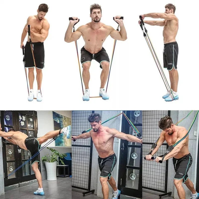 Set of CSSV FILE bodybuilding resistance bands in various colors and lengths for strength training and muscle building exercises.