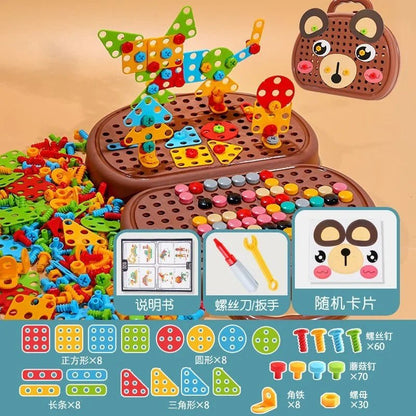 CSSV FILE DIY screw puzzle suitcase with open lid showing internal compartments and assembled wooden puzzle components.