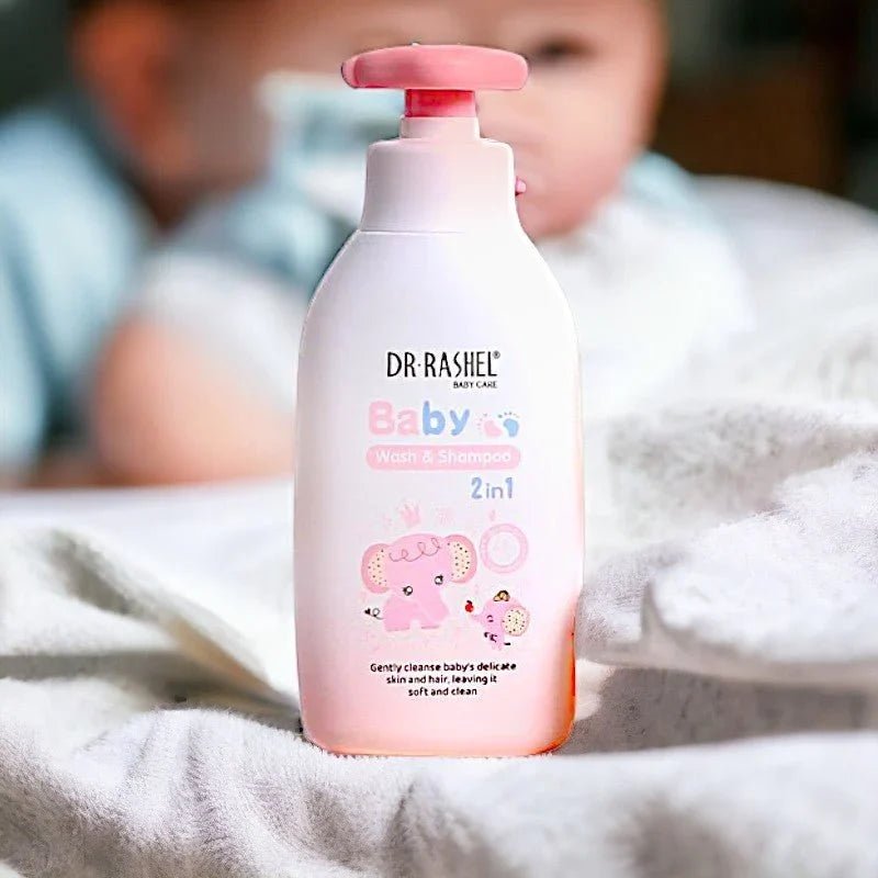 Dr Rashel 2-in-1 Baby Wash and Shampoo bottle with soft, child-friendly formula and gentle pump dispenser.