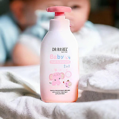 Dr Rashel 2-in-1 Baby Wash and Shampoo bottle with soft, child-friendly formula and gentle pump dispenser.