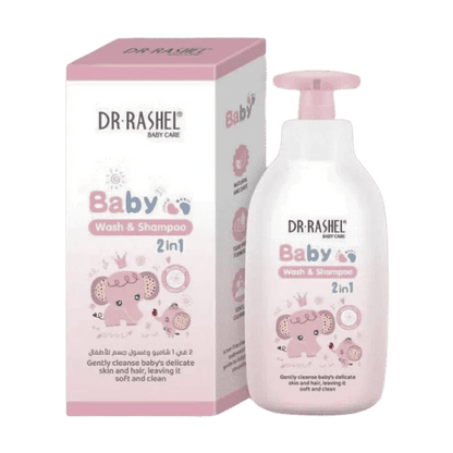 Dr Rashel 2-in-1 Baby Wash and Shampoo bottle with gentle formula for babies, featuring soft pastel packaging and baby-friendly design.