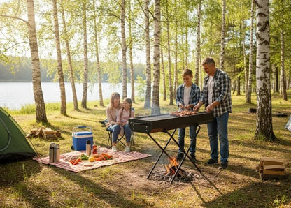 CSSV FILE foldable charcoal BBQ grill with compact, portable design and adjustable cooking surface for outdoor grilling.