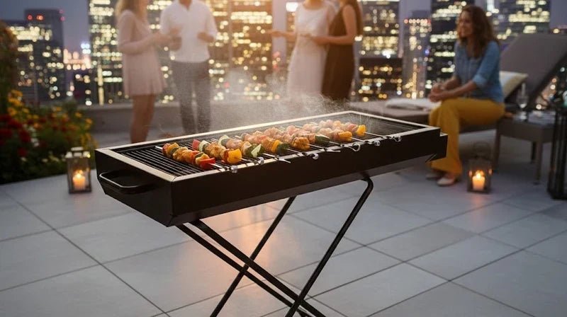 CSSV FILE foldable charcoal BBQ grill with portable design, compact and easy to carry for outdoor grilling and barbecues.