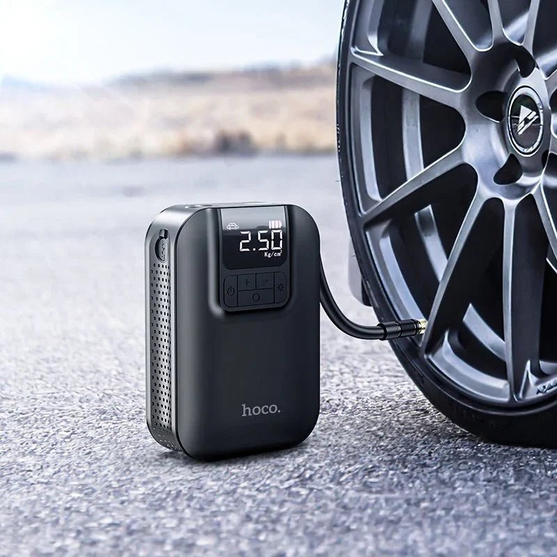 Hoco Portable Smart Air Pump S53 by CSSV FILE, compact device with digital display for inflating tires and sports equipment.