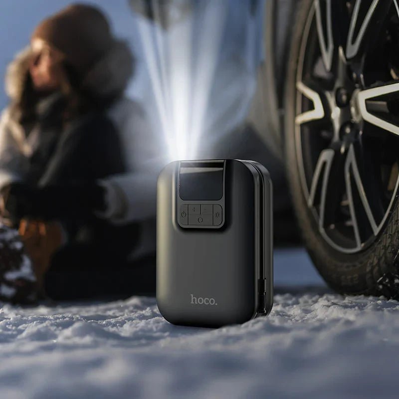 Hoco Portable Smart Air Pump S53 by CSSV FILE, compact device with digital display for inflating tires and sports equipment.