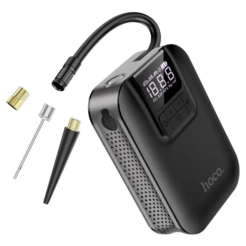 Hoco Portable Smart Air Pump S53 by CSSV FILE, compact electric air pump with digital display for inflating tires and sports equipment.