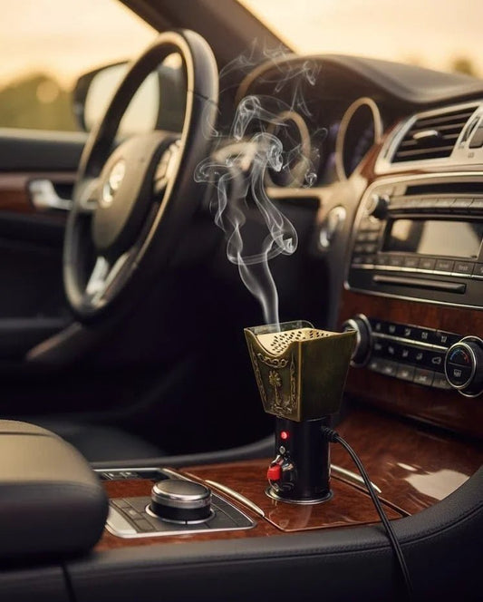 Portable CSSV FILE car electric incense burner with sleek design, compact for easy use in vehicles.