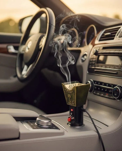 CSSV FILE portable car electric incense burner with sleek design, compact and suitable for in-car use, emits fragrant smoke.