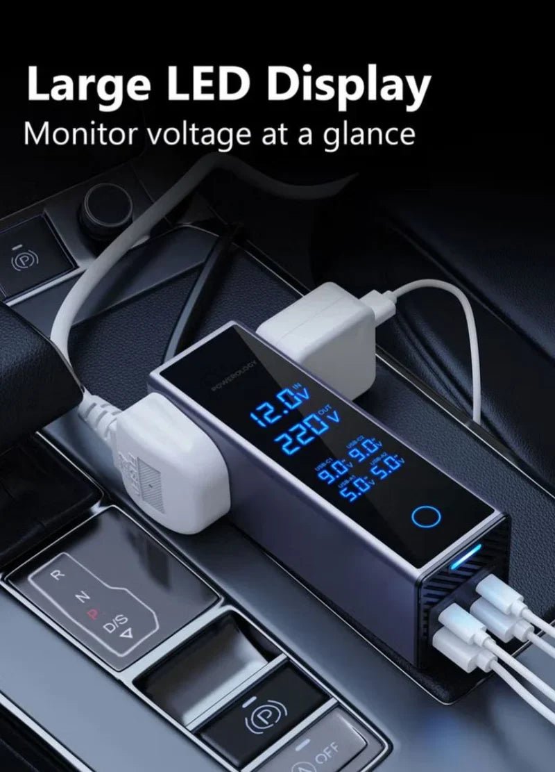 CSSV FILE socket car power inverter plugged into vehicle outlet, showing multiple outlets and compact design for travel power needs.