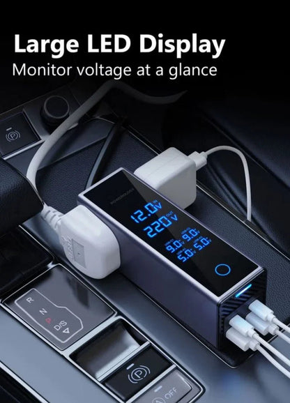 CSSV FILE socket car power inverter plugged into vehicle outlet, showing multiple outlets and compact design for travel power needs.
